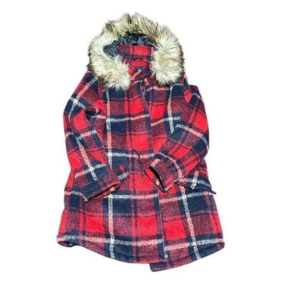 American Eagle Wool Plaid Faux Fur Coat - Picture 3 of 6